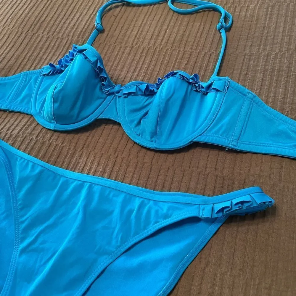 H&M blue convertible halter/bandeau bikini sz 12 bottoms, 36C top